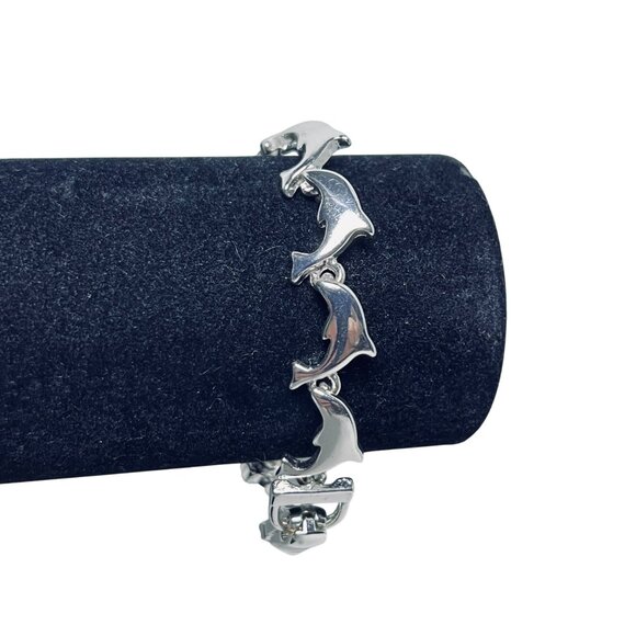 Vintage Silver Tone Dolphin Link Bracelet With Fold Over Magnetic Clasp (5792-2) - Picture 1 of 6